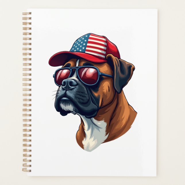 Boxer Dog Wearing White Red Blue Planner (Front)
