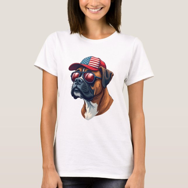Boxer Dog Wearing White Red Blue T-Shirt (Front)