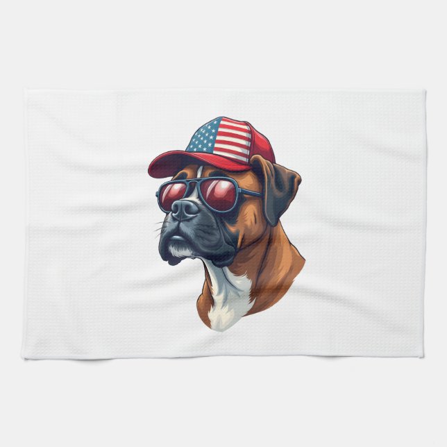 Boxer Dog Wearing White Red Blue Tea Towel (Horizontal)