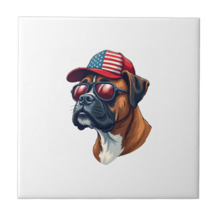 Boxer Dog Wearing White Red Blue Tile