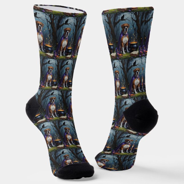 Boxer Dog Whimsical Halloween Painting  Socks (Angled)