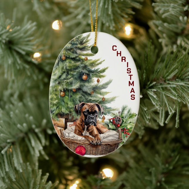 Boxer Dog Wicker Basket Christmas Ceramic Tree Decoration (Tree)