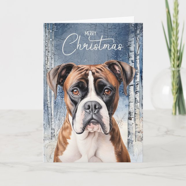 Boxer Dog Winter Aspen Forest Christmas Holiday Card (Front)