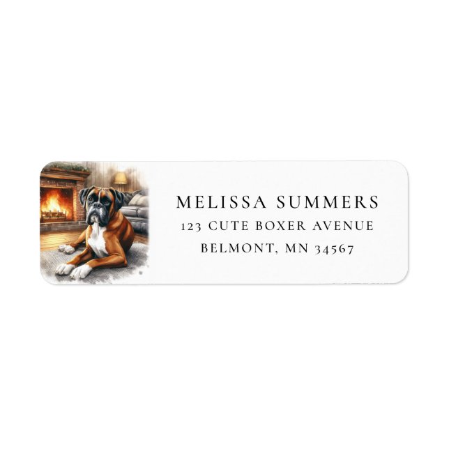 Boxer Dog Winter Fireplace Return Address Label (Front)