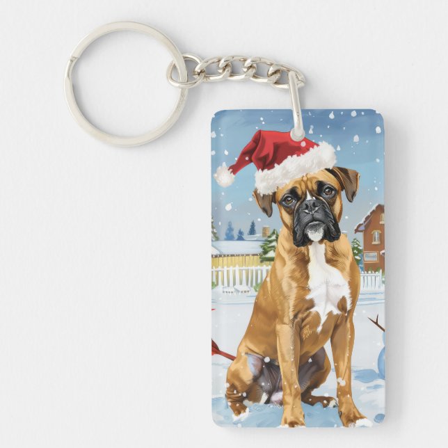 Boxer Dog Winter Wonderland Christmas Joy Key Ring (Front)