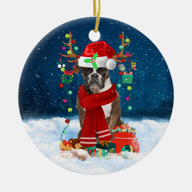 Boxer dog with Christmas gifts  Ceramic Tree Decoration (Front)