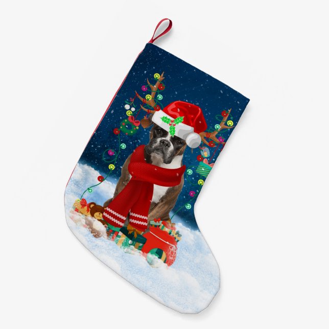 Boxer dog with Christmas gifts Small Christmas Stocking (Front (Hanging))