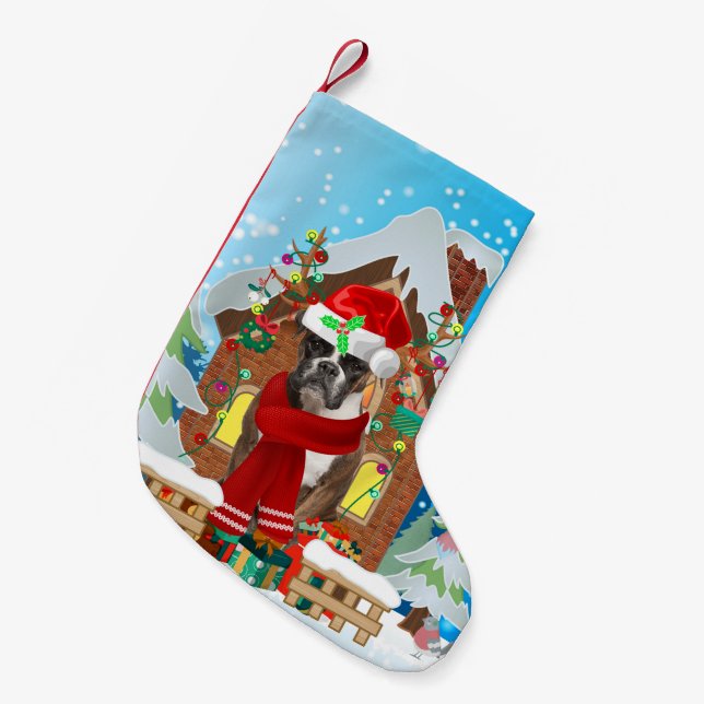 Boxer dog with Christmas gifts Small Christmas Stocking (Front (Hanging))