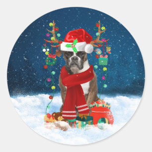 Boxer dog with Christmas gifts Throw Pillow Classic Round Sticker
