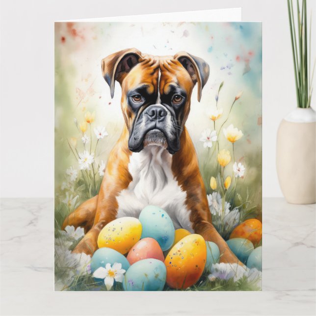 Boxer Dog with Easter Eggs Holiday Card (Front)