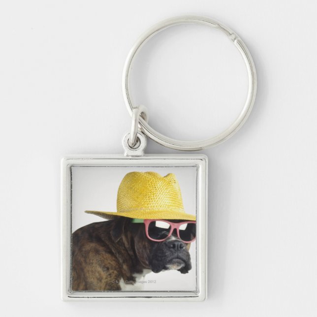 Boxer dog with hat and glasses key ring (Front)
