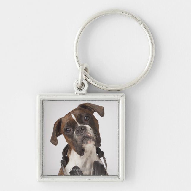 boxer dog with headphones key ring (Front)