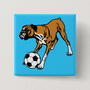 boxer dog with soccer ball 15 cm square badge