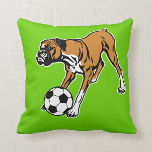 boxer dog with soccer ball cushion