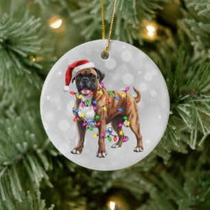 Boxer Dog Wrapped in Christmas Lights  Ceramic Tree Decoration