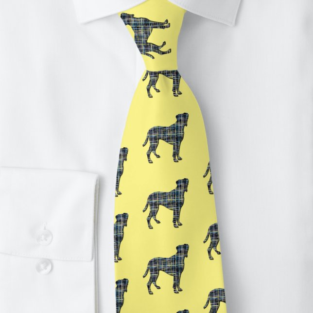 Boxer Dog Yellow & Blue Grid Lines Yellow Tie (Boxer dog silhouette grid pattern tie on yellow background close up tie)