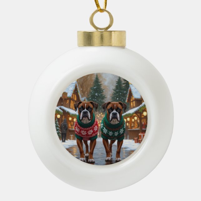Boxer Dogs Christmas Snow Holiday  Ceramic Ball Christmas Ornament (Front)