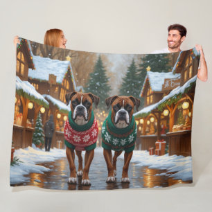Boxer Dogs Christmas Snow Holiday  Fleece Blanket