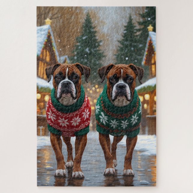 Boxer Dogs Christmas Snow Holiday  Jigsaw Puzzle (Vertical)