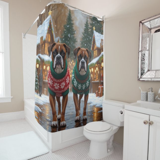 Boxer Dogs Christmas Snow Holiday  Shower Curtain (In Situ)