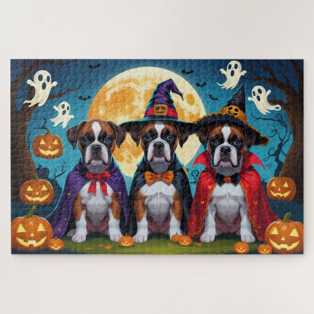 Boxer Dogs Pumpkin Halloween Funny Jigsaw Puzzle (Horizontal)