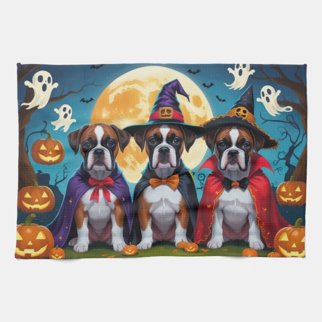 Boxer Dogs Pumpkin Halloween Funny Tea Towel (Horizontal)