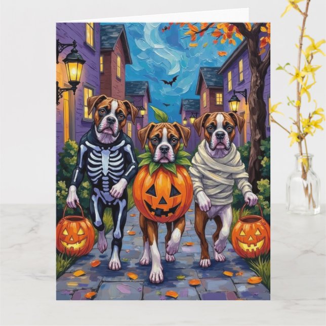Boxer Dogs Trick-or-Treating in Halloween Costumes Card (Yellow Flower)