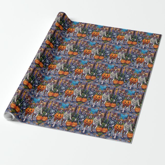Boxer Dogs Trick-or-Treating in Halloween Costumes Wrapping Paper (Unrolled)