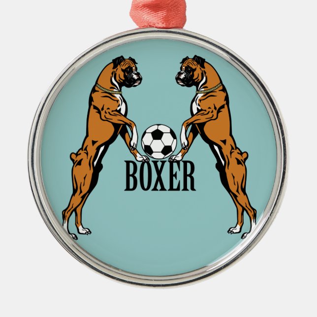 boxer dogs with soccer ball metal tree decoration (Front)