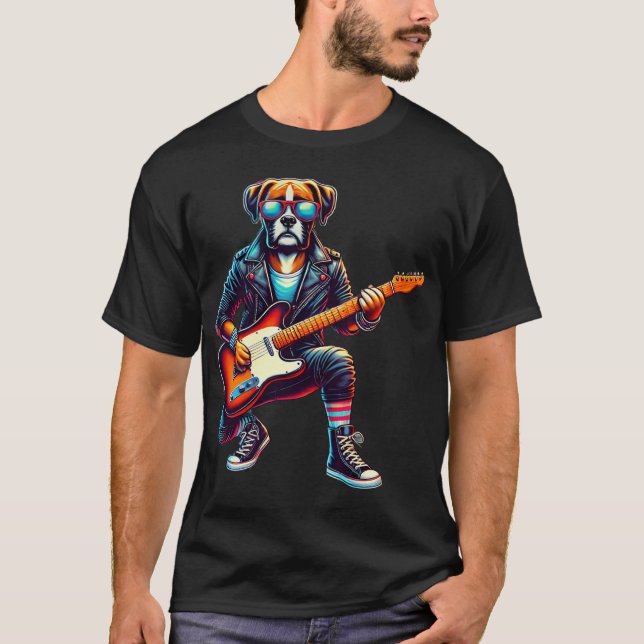 Boxer Electric Guitar Funny Dog Rock Band Musician T-Shirt (Front)
