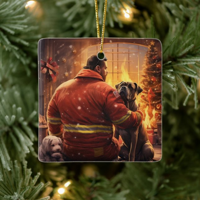 Boxer Gift, Pet Gift, Dog Fireman, Christmas Gift  Ceramic Ornament (Tree)