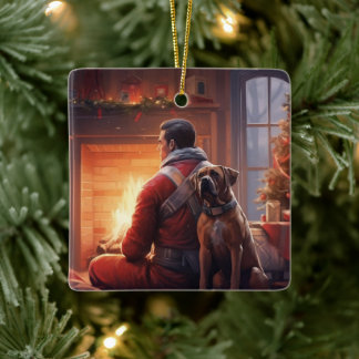Boxer Gift, Pet Gift, Dog Fireman, Christmas Gift  Ceramic Ornament
