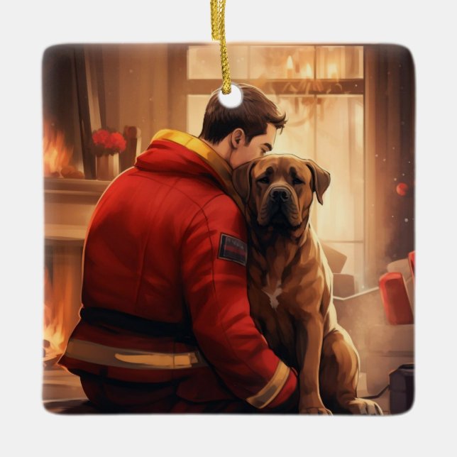 Boxer Gift, Pet Gift, Dog Fireman, Christmas Gift  Ceramic Ornament (Front)
