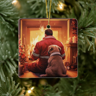Boxer Gift, Pet Gift, Dog Fireman, Christmas Gift  Ceramic Ornament