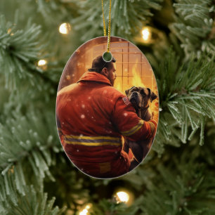 Boxer Gift, Pet Gift, Dog Fireman, Christmas Gift Ceramic Tree Decoration