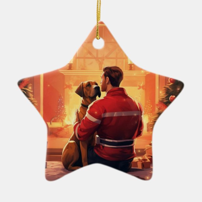 Boxer Gift, Pet Gift, Dog Fireman, Christmas Gift  Ceramic Tree Decoration (Front)