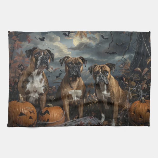 Boxer Halloween Night Doggy Delight Tea Towel (Horizontal)