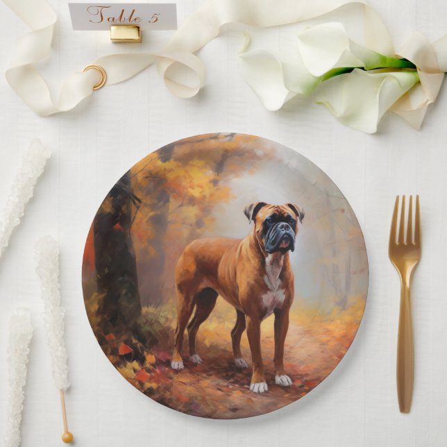 Boxer in Autumn Leaves Fall Inspire  Paper Plate (Wedding)
