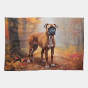 Boxer in Autumn Leaves Fall Inspire  Tea Towel