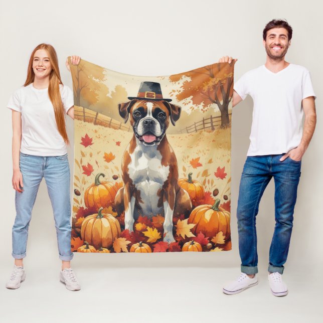 Boxer In Autumn Leaves Thanksgiving Art Fleece Blanket (In Situ)