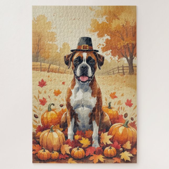 Boxer In Autumn Leaves Thanksgiving Art Jigsaw Puzzle (Vertical)