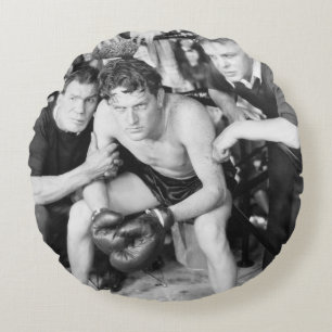 Boxer in corner with trainersboxing, vintage, retr round cushion