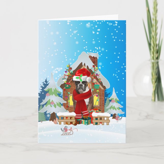 Boxer in snow with Christmas gifts  Card (Front)