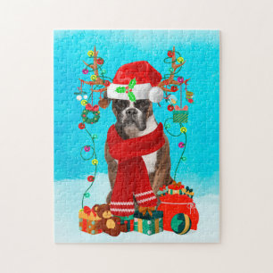 Boxer in snow with Christmas gifts Jigsaw Puzzle