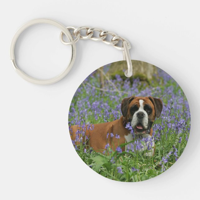 Boxer Laying in Bluebells Key Ring (Front)
