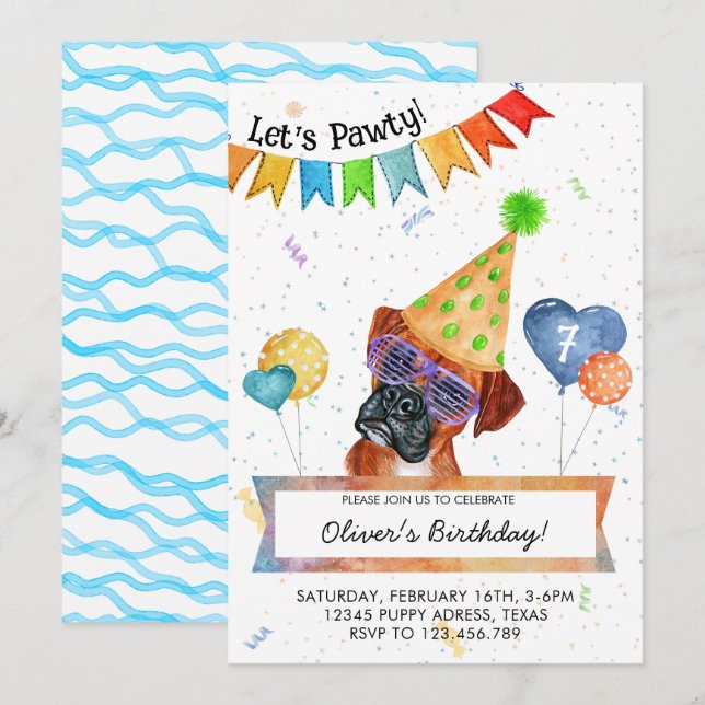 Boxer Lets Pawty Dog Birthday Party Invitation (Front/Back)