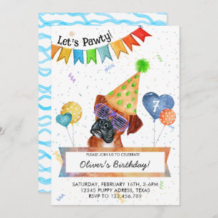 Boxer Lets Pawty Dog Birthday Party Invitation