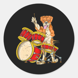 Boxer Men Boys Dog Music Drummer Drums Classic Round Sticker
