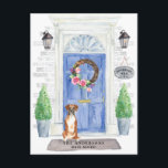 Boxer Moving Announcement Postcard<br><div class="desc">Announce your new address with our stylish announcement featuring a Boxer,  blue front door,  welcome mat,  slate sign,  topiaries and a floral wreath set on a grey brick background.</div>