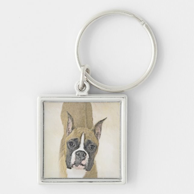 Boxer Painting - Cute Original Dog Art Key Ring (Front)